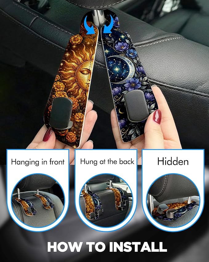 WOCOCN Purse Holder for Car, 2 Pack Heavy Duty Purse Hanger for Car, PU Leather Car Seat Hooks for Purses and Bags, Cute Sun Moon Headrest Organizer for Handbags & Backpacks