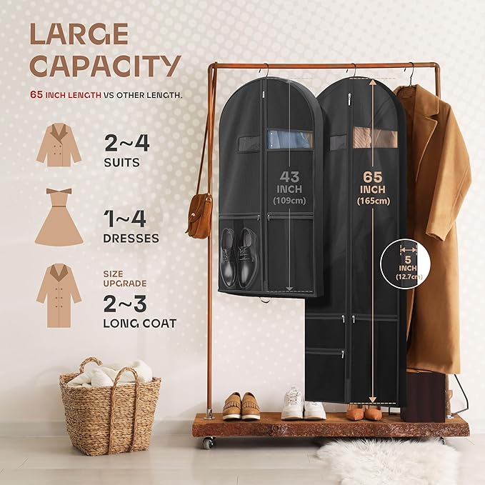 Lazebox 65" Travel Garment Bag with Accessories Zipper Pocket, Heavy Duty Suit Bag for Suits, Tuxedos, Dresses, Coats, Black, 1 pack