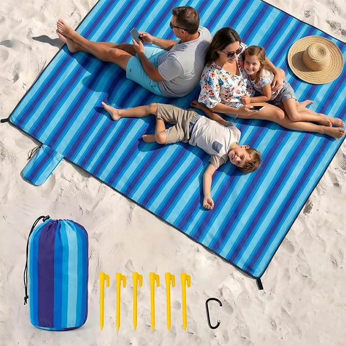 Beach Blanket Waterproof Sandproof - Oversized Extra Large Beach Mat for 3-4 People, Lightweight Sand Free Mat for Summer Vacation with 6 Stakes & 4 Corner Pockets for Beach, Camping 7x7ft Blue Stripe