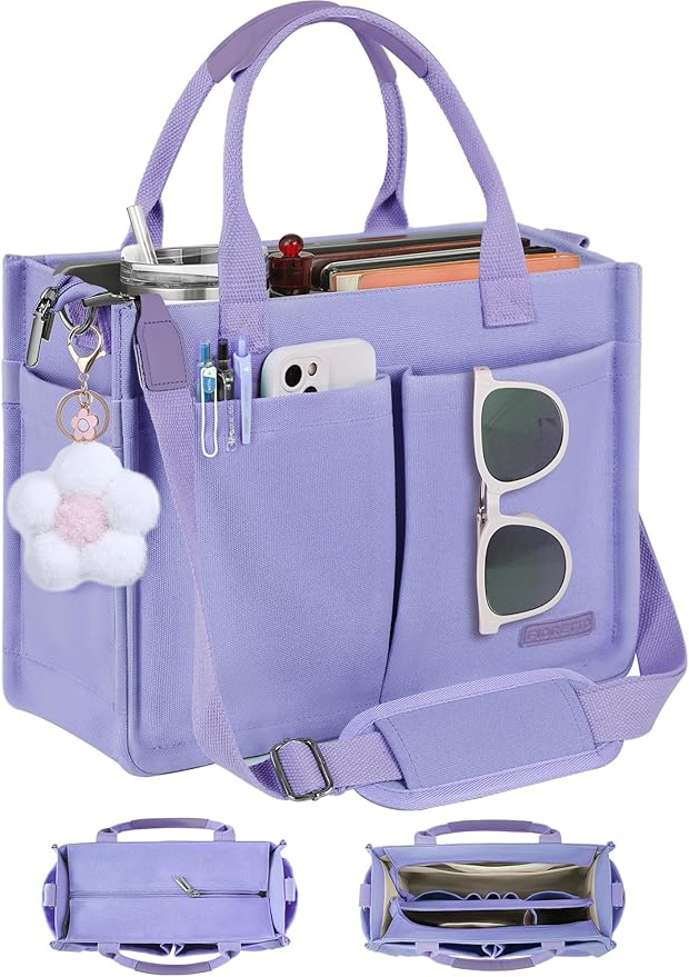 FIORETTO Womens Canvas Tote Bag Purse with Individual Compartment, Zipper Top, Reinforced Bottom & Luggage Sleeve