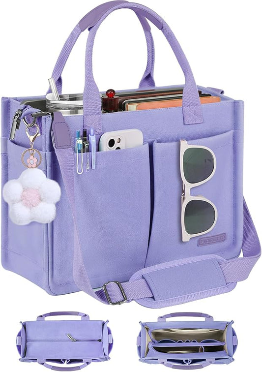 FIORETTO Womens Canvas Tote Bag Purse with Individual Compartment, Zipper Top, Reinforced Bottom & Luggage Sleeve