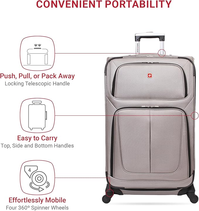 SWISSGEAR Sion Softside Expandable Spinner Luggage Durable Lightweight Travel Suitcase, Pewter, Checked-Large