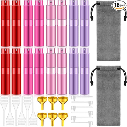 Honeydak 16 Pack 8 ml Refillable Perfume Atomizer Mini Refillable Spray Travel Bottles Empty Cologne Sprayer Portable Fragrance Atomizer with Funnel, Dispenser, Pipettes, Bag(Red,Pink,Purple,Rose Red)