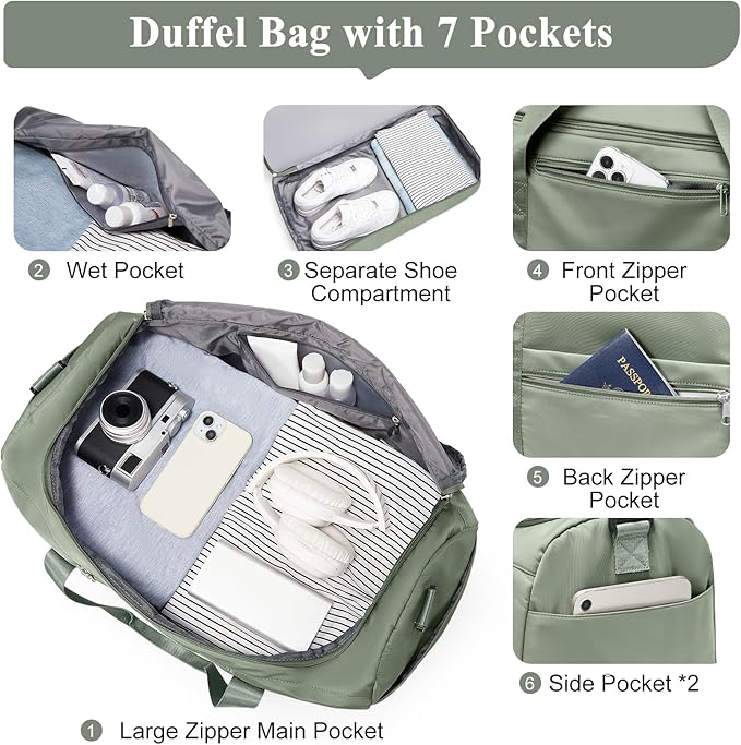 Large Travel Duffle Bag with Shoe Compartment, Weekender Bags for Women, Carry On Overnight Bags for Gym Sports & Business Trips, Water-Resistant Hospital Bag for Labor and Delivery,Green