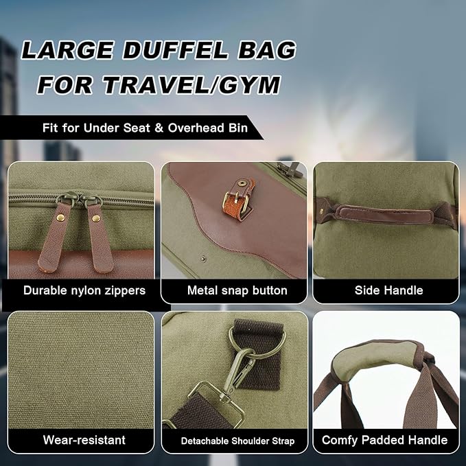 22L Lightweight Travel Duffle Bag - Approved Under Seat Carry-On, Multi-Pocket Weekender Gym Bag with Adjustable Straps, Unisex Overnight Bag for Men & Women (Armygreen)