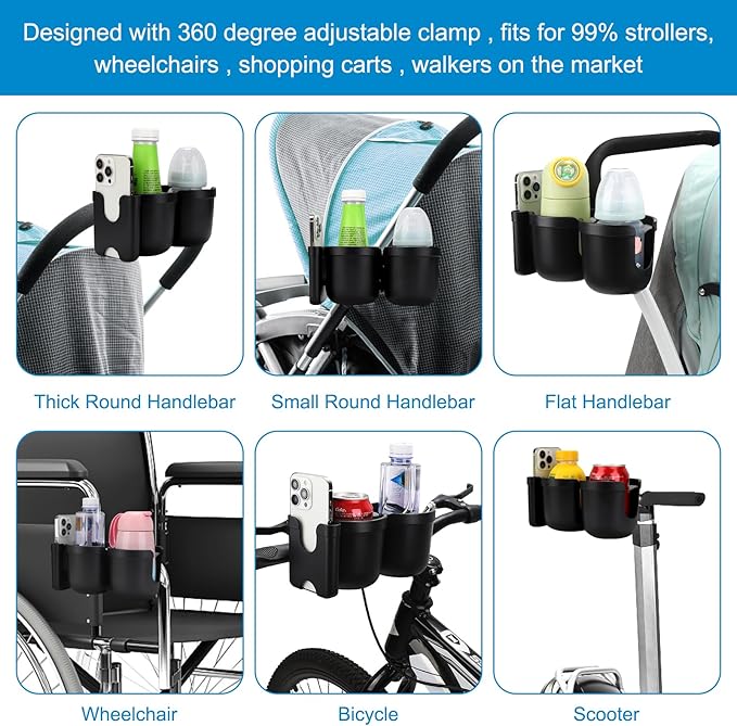 Accmor Stroller Cup Holder with Phone Holder, Bike Cup Holder, Universal Cup Holder for Uppababy Nuna Doona Strollers, 2-in-1 Cup Holder for Walker, Wheelchair, Scooter