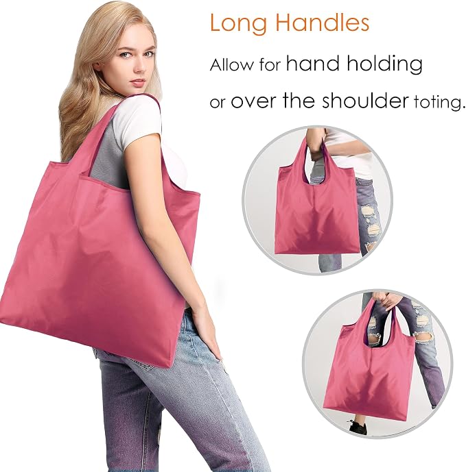 BeeGreen Pink Reusable Grocery Bags Wholesale Reusable Kitchen Bags Bulk Foldable-Machine Washable with Zipper Storage Pouch 50 Packs