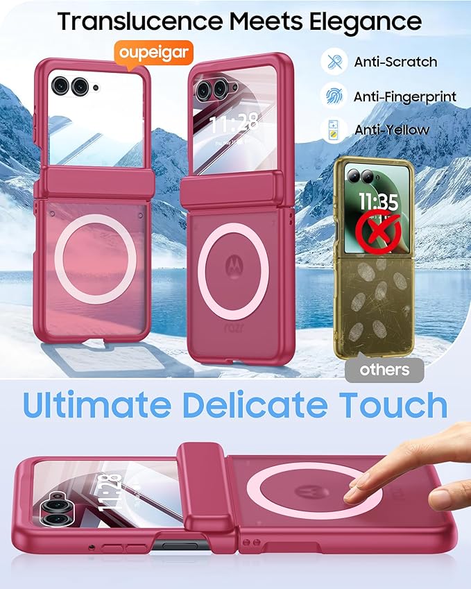 Magnetic for Motorola Razr 2026 Case with Hinge Protection, Screen Protector, Compatible with MagSafe,Skin Feel Translucent Frosted, Shockproof Slim Cover for Moto Razr 2026-Rose Red