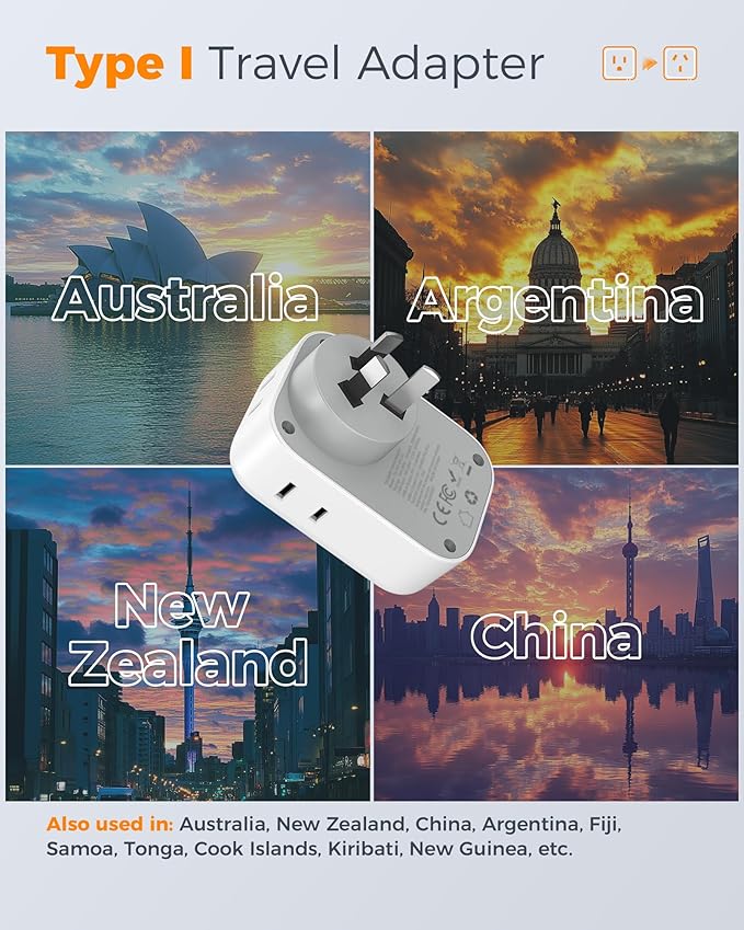 Australia New Zealand Power Adapter, TESSAN Type I Travel Adaptor with 4 American Outlets 3 USB Ports (1 USB C 20W), Plug Adapter for US to Australian Argentina China Fiji Cook Islands AU NZ