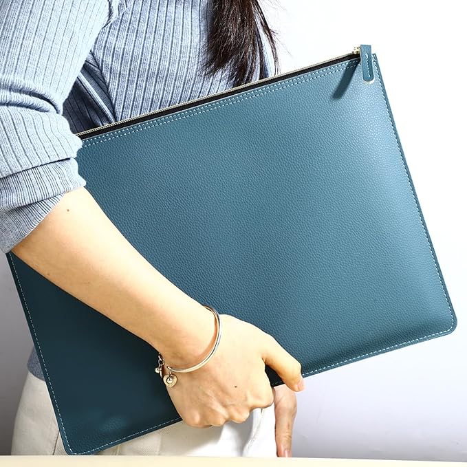 PU Leather A4 File Folder Zipper Document Holder Envelope Folder Case for Receipt Contract (Haze Blue)