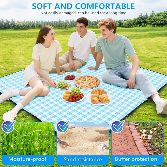 OBTANIM Extra Large Picnic Blanket 60 x 80 Inch Waterproof Foldable Beach Blankets Outdoor Picnic Mat for Camping Grass Lawn Park Music Festival Party Accessories (Blue and White)