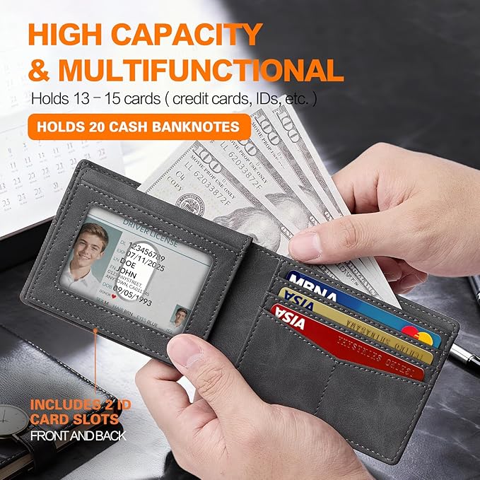 Wallet for Men Slim RFID Blocking Bifold Carbon Fiber,Minimalist Small Compact Front Pocket Credit Card Holder,Thin Mens Leather Wallets Smart Security With 2 ID windows 1 Cash (Crazy Horse Grey)