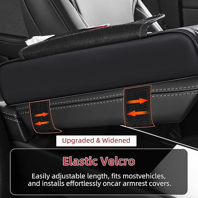 5 in 1 Car Center Console Cover, Armrest Pad with 2 Storage Pockets, Cup Holder, Tissue Slot, Phone Holder, Nappa Leather Memory Foam Car Accessories for SUV Sedan Truck (Black)
