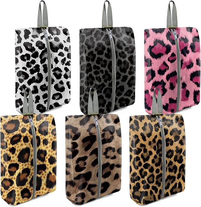 BeeGreen Leopard Shoe Bags 6 Pack for Travel with Handle as Packing Organizers for Suitcase and Luggage | Portable Nylon Storage Accessories for Vacations,Gym,Sport,Essential Gifts for Women and Men