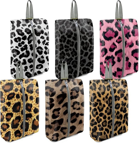 BeeGreen Leopard Shoe Bags 6 Pack for Travel with Handle as Packing Organizers for Suitcase and Luggage | Portable Nylon Storage Accessories for Vacations,Gym,Sport,Essential Gifts for Women and Men