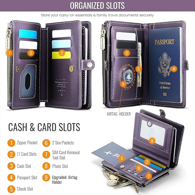 Passport Holder Wallet Bag with AirTag Holder, 11 Card Slots and Passport Solt Cash Solt Photo Solt Zipper Pocket, RFID Blocking Wristlet Strap.Purple