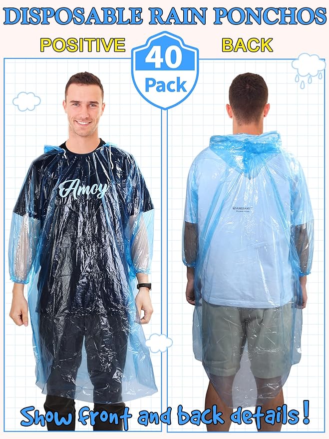 40 Pack Disposable Rain Ponchos for Adults Disposable Ponchos Pack with Drawstring Hood Elastic Sleeves Raincoat for Camping
