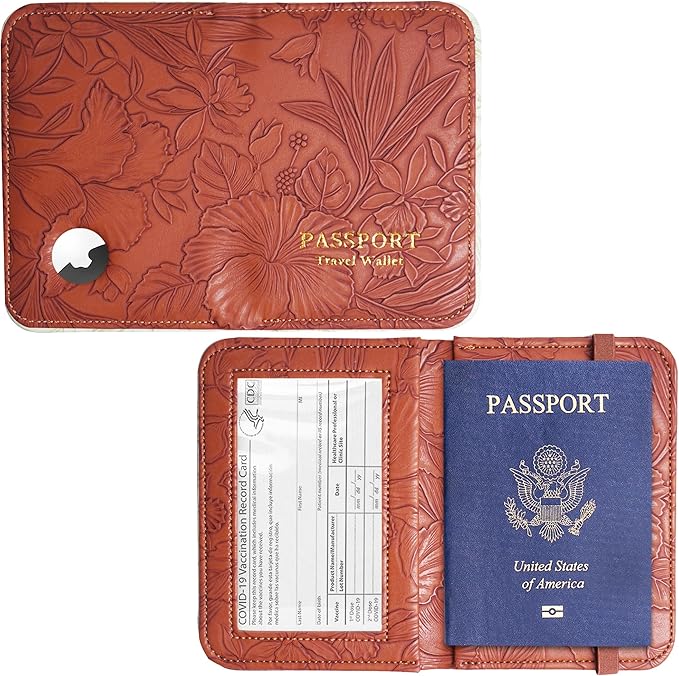 lizimandu Passport Holder with Airtag Slot, Airtag Passport Wallet for Men Women, Slim Leather Passport Holder Case Family for Travel Anti-Lost(1-Carved Light Brown)