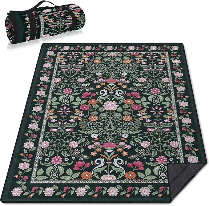 Floral Picnic Blankets Waterproof Foldable, 80″X80″ Extra Large Picnic Mat Boho Outdoor Blanket for Grass, Dark Packable Beach Blanket Sandproof Picnic Accessories for Camping Music Festival Park Lawn