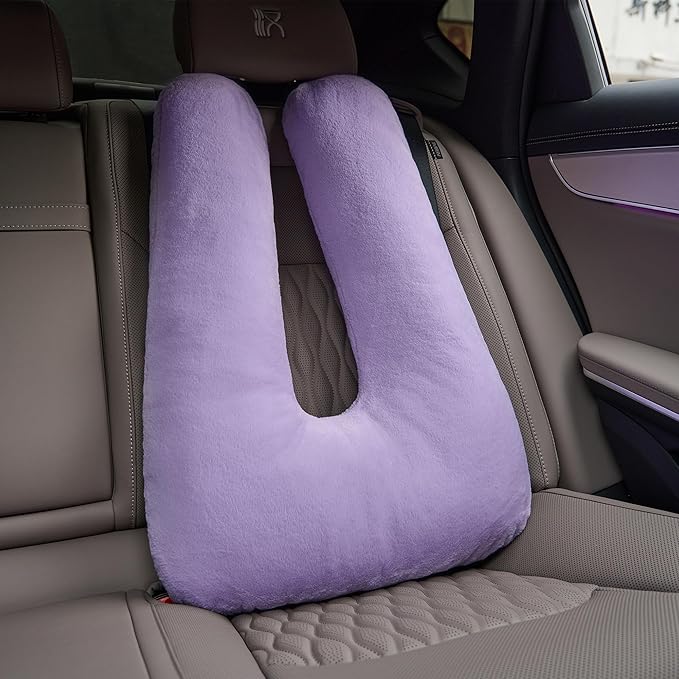 Car Pillow for Kids, Travel Pillow for Car, Car Sleeping Pillow for Kids and Adults with Adjustable Strap, Car Travel Essentials, Road Trip Pillow for Head and Neck Support, Purple