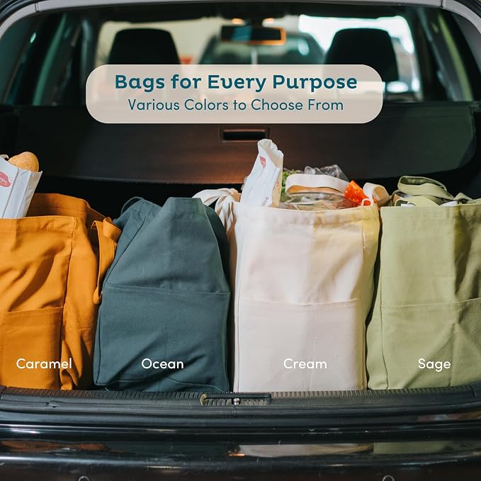 Nook Theory 3-Pack Reusable Grocery Bags - Heavy Duty, Large 12 Oz Cotton Canvas Reusable Shopping Bags With Pockets, 100% Cotton Cloth Grocery Totes, Foldable Multi Compartment (Sage)
