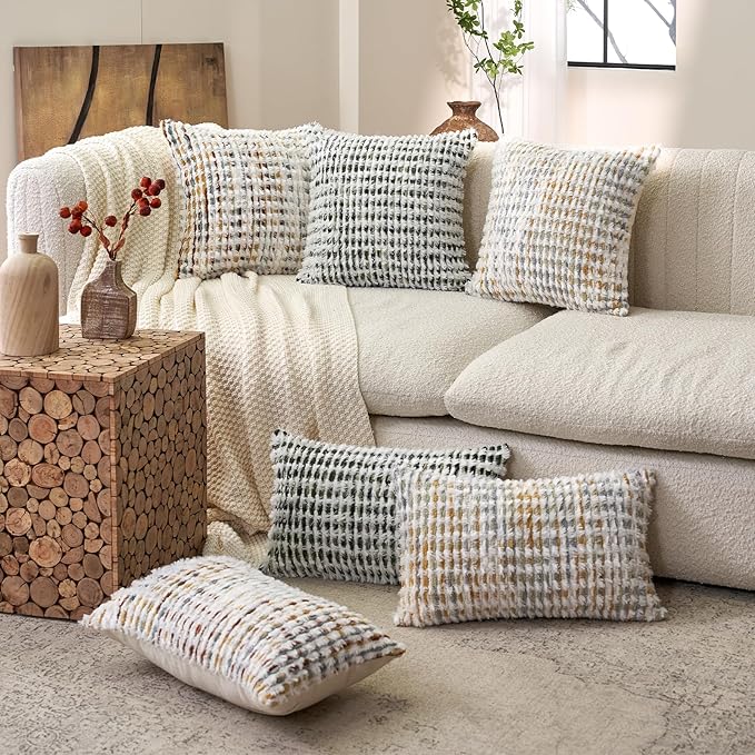 Aeckself Boho Chenille Tufted Pillow Cover 24 x 24 Inch, Decorative Square Big Throw Pillow Cover Neutral Pillowcase for Couch Bedroom Living Room, Orange White