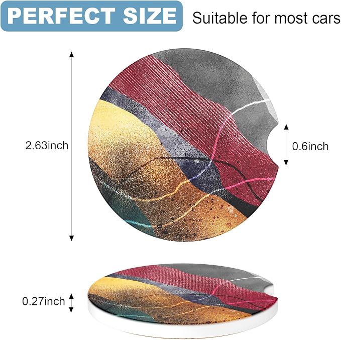 2 Pack Car Cup Holder Coaster, 2.63 inch Anti Slip Insert Absorbent Ceramic Car Coaster with Cork Base and Finger Notch, Cute Car Accessories Interior for Women, Cute Car Coasters., CH0025