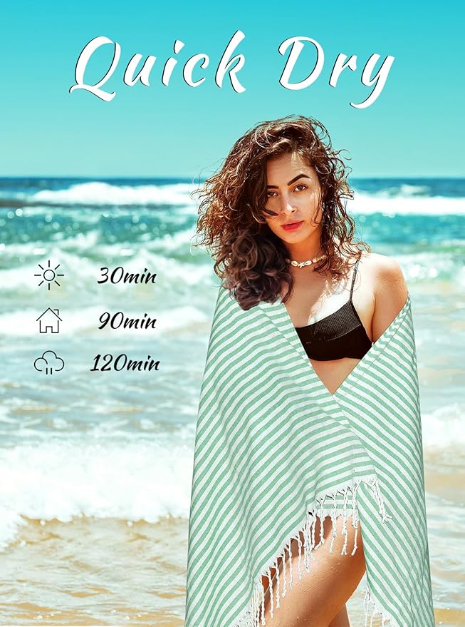 cabanana Turkish Beach Towel Oversized - 40"x70" Quick Dry Sand Free Thin Beach Towels for Adults,Extra Large Cotton Lightweigh Travel Towel for Beach Accessories (Green)