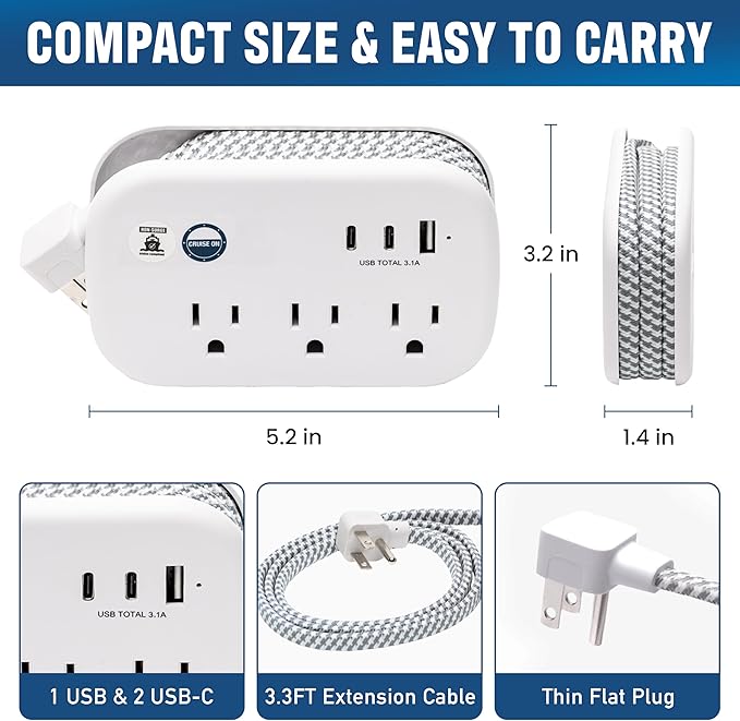 Cruise Approved Power Strip Non Surge Protector - 3.3 ft Wrapped Travel Extension Cord, 2 USB-C, 1 USB, 3 AC Outlet, Cruise Ship Essentials for Carnival, Princess & Major Lines in 2026 & 2027