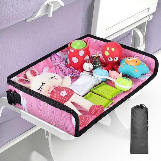 Kids Tray Table Cover, Airplane Tray Cover with Pockets, Airplane Travel Essentials for Kids, Portable Airplane Must Haves for Toddler on Plane or Train and Flying Supplies (Pink)