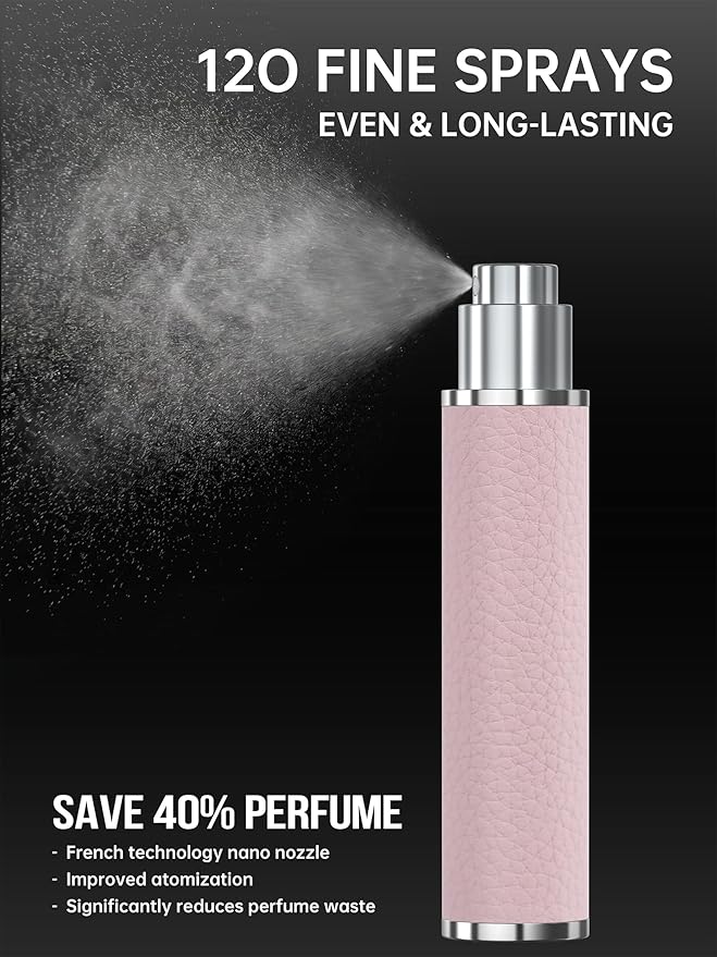 12ml Genuine Leather Perfume Atomizer Refillable, Portable Mini Cologne Sprayer with Magnetic Cap & 3 Refill Tools, Luxury Travel Size Fragrance Spray Bottle for Men & Women (Pink)