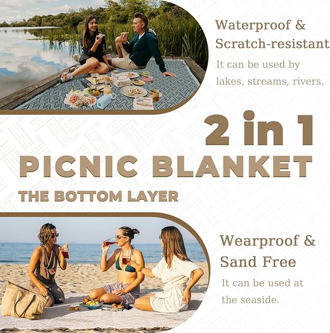 Genovega 2 in 1 Extra Large Rug Outdoor Picnic Blanket Waterproof Woven Boho Mat Giant Beach Towel Travel Essential Yoga Accessories Park Patio Lawn Garden Ground Music Festival Concert Must Have
