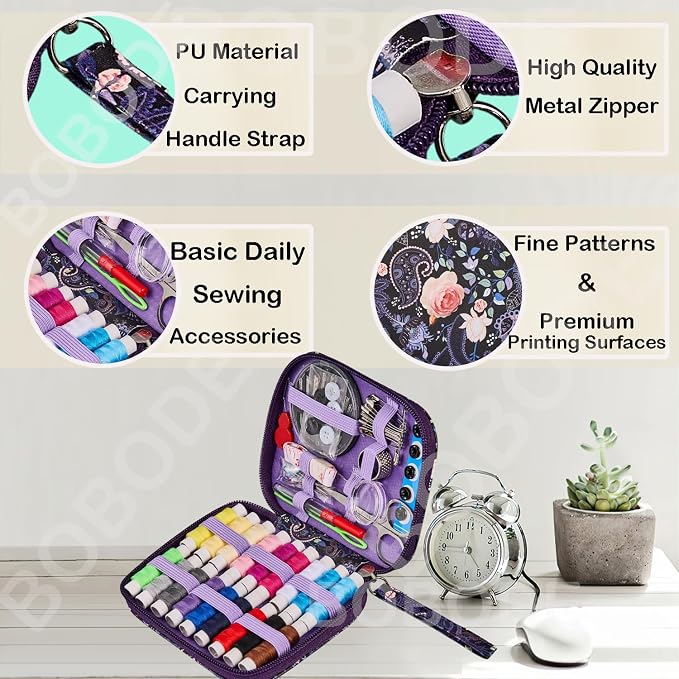 Purple Cute Travel Sewing Kit with 87PCS Accessories | Printing Sewing Kit Bag with 18 Colors Sewing Thread, Basic Professional Sewing Supplies for Beginners & Emergency