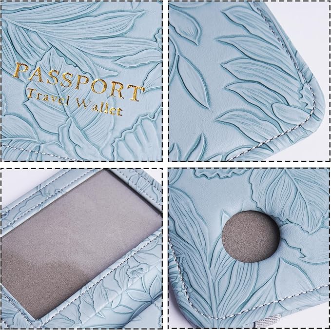 lizimandu Passport Holder with Airtag Slot, Airtag Passport Wallet for Men Women, Slim Leather Passport Holder Case Family for Travel Anti-Lost(1-Carved Light Blue)