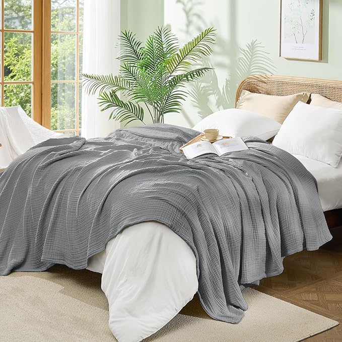 BEDELITE 100% Cotton Muslin Blankets for Adults - 4-Layer Queen Size Breathable and Lightweight Gauze Blanket for Couch, Bed, Travel and Summer, Soft & Cozy Gift for Women, Grey, 90"x90"