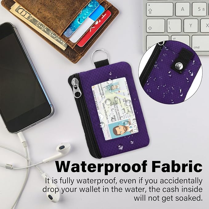 Minimalist RFID Wallet with Lanyard, Multi-functional ID Case with 2 Zipper Pockets and Key Chain for Men and Women, Tactical Badge Pouch Cards Holder, Coin Purse for Travel Sports - Dark Purple