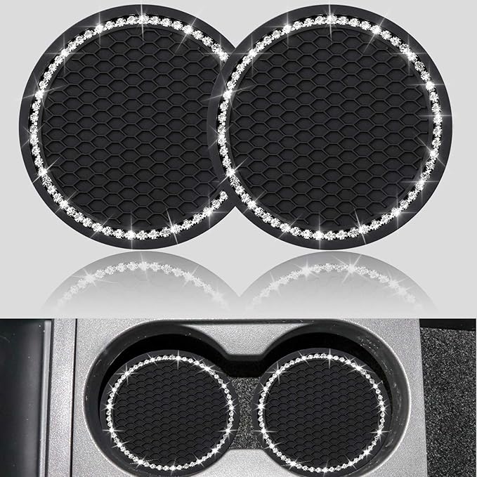 yousheng 2PCS Bling Car Cup Coaster, Universal Vehicle Bling Holder Insert,2.75 inch Rhinestone Anti Slip Silicone Insert,Suitable for Most Car Interior,Best Gift Car Bling for Women, Black, 2 Pack