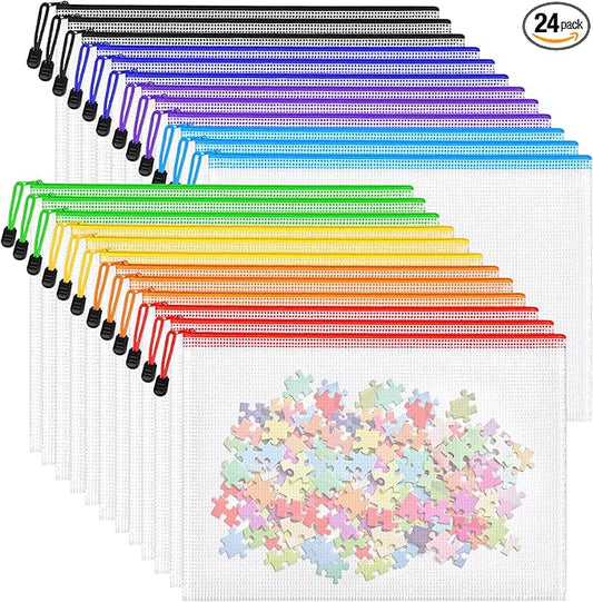 24pcs Mesh Zipper Pouch Bags, A4 Letter Size 8 Colors Plastic Zipper Bags for Organizing Storage, Clear Pouches with Zipper, Waterproof Mesh Bags for School Supplies, Home Organize, Travel Storage