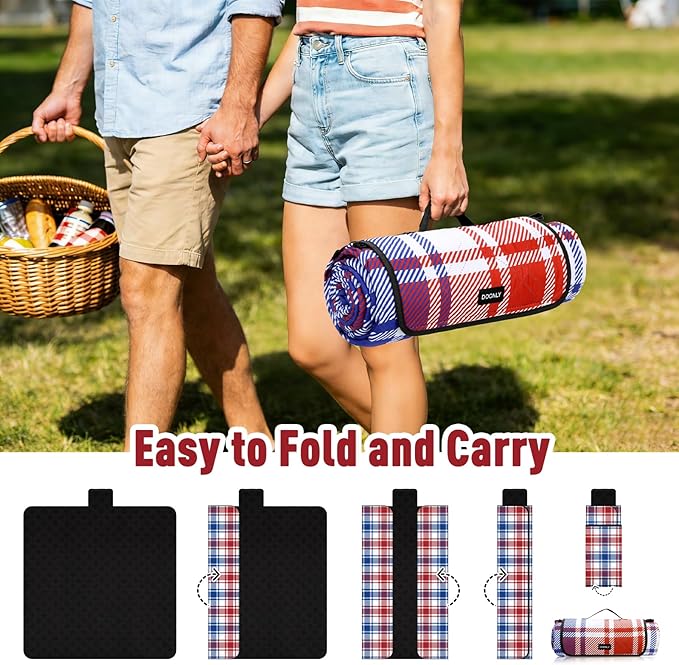 Doonly Picnic Blanket, 78" x 78" Large Waterproof Sandproof Beach Blanket, Foldable Outdoor Blanket Picnic Mat for Beach, Camping, Park, Grass, Lawn, Travel, Patriotic Red White and Blue