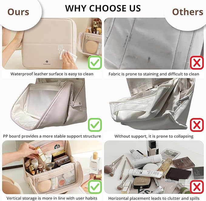 tianzong Travel Makeup Bag with Magnetic Fold-Down Flap, Waterproof Leather Cosmetic and Toiletry Organizer for Women, Multi-Zone Standing Storage, Dusty Rose, X-Large