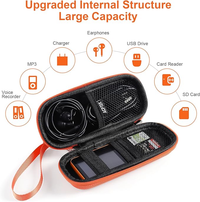 AGPTEK Carrying Case, EVA Zipper Carrying Hard Case Cover for Digital Voice Recorders, MP3 Players, Storage Holder for 3D Printing Pen, USB Cable, Earphones, Memory Cards, U Disk, Orange