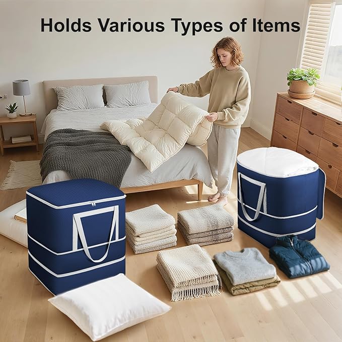 Comforter Storage Bag - 120L Bedding Storage Bags for Moving Closet, Washable Blanket Storage Bag, Ultra Space Saving Self Compression Organizer, 2-Pack, Navy Blue