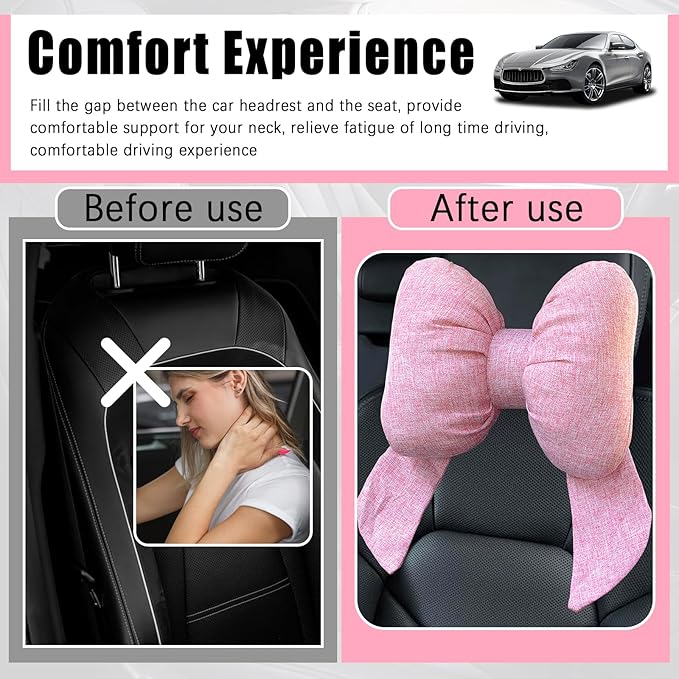 Cute Bow Car Headrest Pillow Breathable & Comfortable,Universal Car Headrest Pillow for Neck Support & Fatigue Relief,Head Rest Pillows for Cars Cute Cars Accessories for Women,Girl