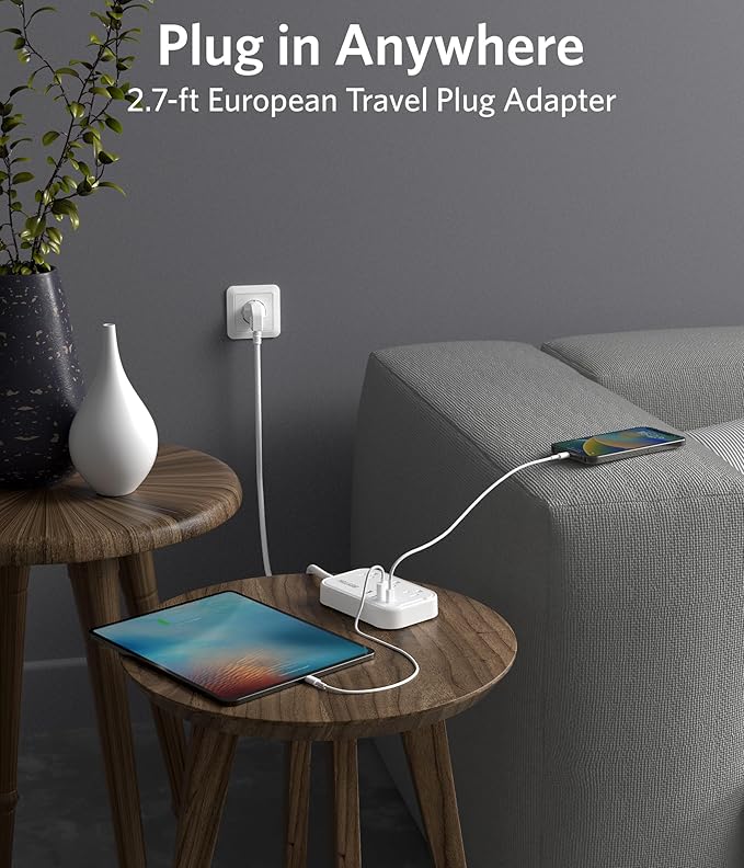 European Travel Plug Adapter - US to Europe Plug Adapter with 3 AC Outlets and 4 USB(1 PD20W) Type E/F - International Travel Adapter for USA to Germany France Spain Italy Iceland