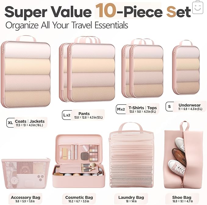 Veken 10 Set Compression Packing Cubes for Travel Essentials,Compressible Expandable Large Luggage Suitcase Organizer Bags for Clothing,Durable Space Saver Storage Bags with Toiletry Bags(Beige)