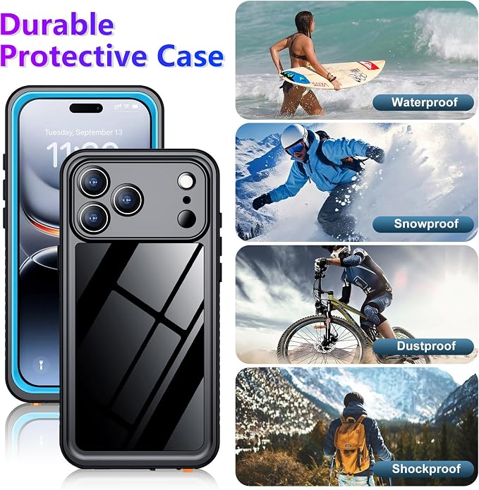 Compatible with iPhone 17 Pro Case,Waterproof Built-in Screen & Camera Protector IP68 Underwater Full Body 17FT Military Dropproof Shockproof Phone Case 6.3"-Blue/Clear