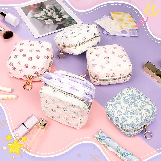 Floral Period Bag, Small Period Pouches for Teen Girls, Quilted Sanitary Napkin Storage Bag, Compact Discreet Pad and Tampon Holder for Purse (Floral-Rose Pink)