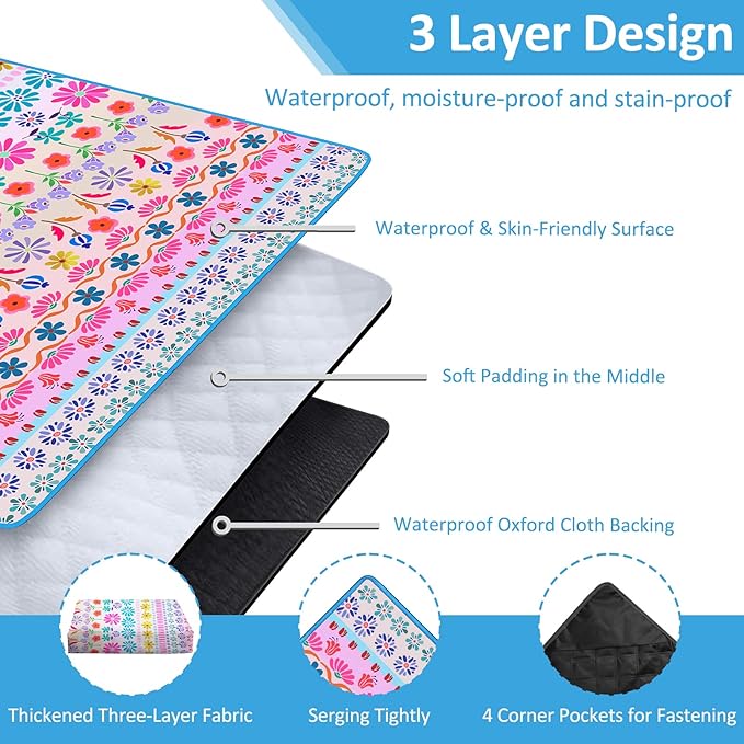 Floral Picnic Blankets Waterproof Foldable, 60″X80″ Packable Picnic Mat Flowers Outdoor Blanket for Grass, Large Beach Blanket Sandproof Picnic Accessories for Camping Music Festival Park Lawn Travel