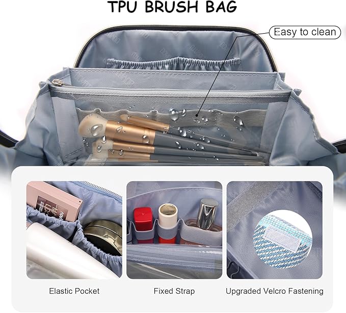 BOYATU Travel Makeup Bag Cosmetic Bag for Women: 3 Pcs Set Make up Bag with Compartments - Waterproof Vegan Leather Toiletry Bags with Handle - Makeup Organizer for Travel Essentials(C-1-Blue)