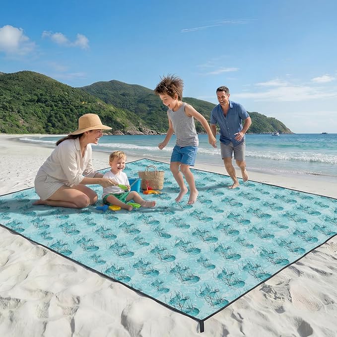 OIGAE 7x7ft Sandproof Beach Blanket - Large Waterproof Picnic Mat for 3-4 People, Lightweight Sand Free Mat for Summer Vacation with 6 Stakes & 4 Corner Pockets for Beach, Camping, Festivals